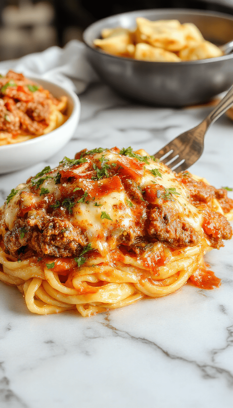 A vibrant plate of creamy Philly cheese steak pasta featuring tender sliced beef, melted cheese, colorful bell peppers, and steaming pasta garnished with fresh herbs, styled on a rustic wooden table with a fork and a side of crispy garlic bread.