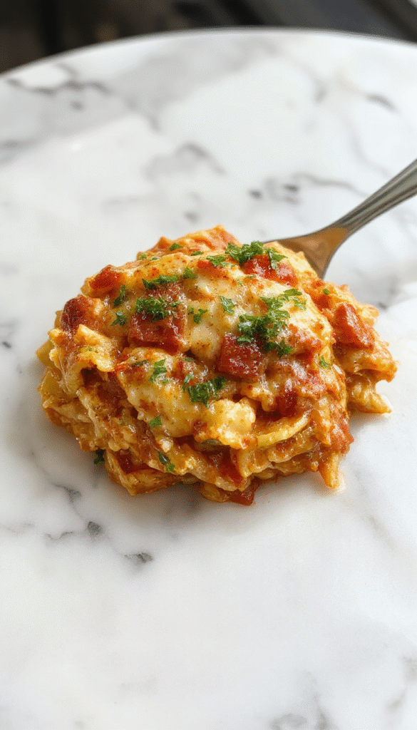A vibrant, hispidly styled casserole dish filled with golden-brown baked chicken, perfectly cooked pasta, and a rich spicy sauce, topped with melted cheese and garnished with chopped green onions, served on a rustic wooden table with fresh herbs scattered around.
