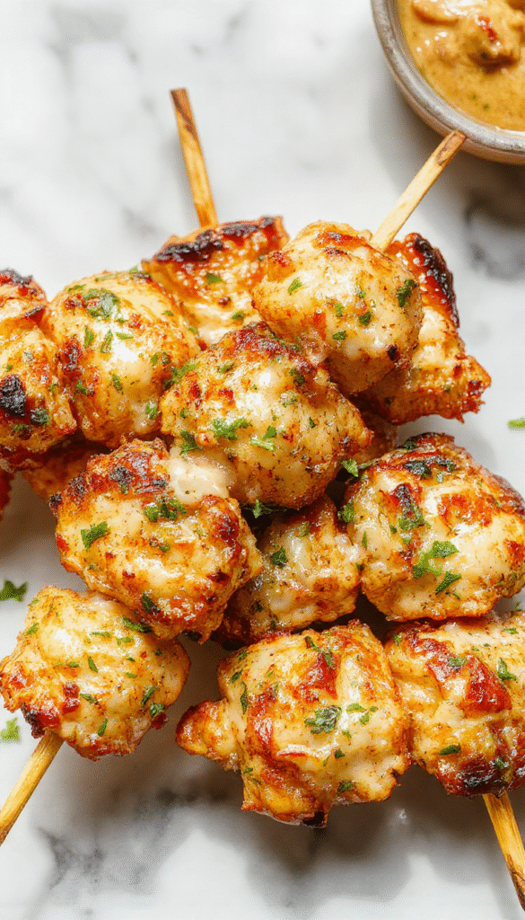 A vibrant plate of grilled ranch garlic parmesan chicken skewers featuring golden-brown meat coated with herbs, served on a white platter with fresh herbs and lemon wedges. The skewers are stacked neatly, showcasing the crispy edges and juicy interior. The colorful background includes a rustic wooden table, garnished with leafy greens and a drizzle of creamy ranch sauce, accentuating the appetizing textures and flavors.