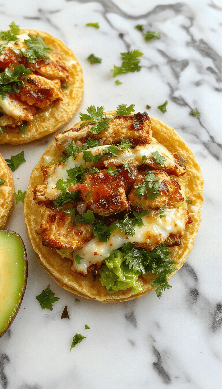 A vibrant plate of rotisserie chicken tostadas featuring crispy golden tortillas topped with shredded tender chicken, bright avocado slices, diced tomatoes, fresh cilantro, and drizzled with creamy sauce. The colorful toppings and rustic presentation highlight the appetizing textures and fresh ingredients, set against a neutral background with a hint of lime and garnish.