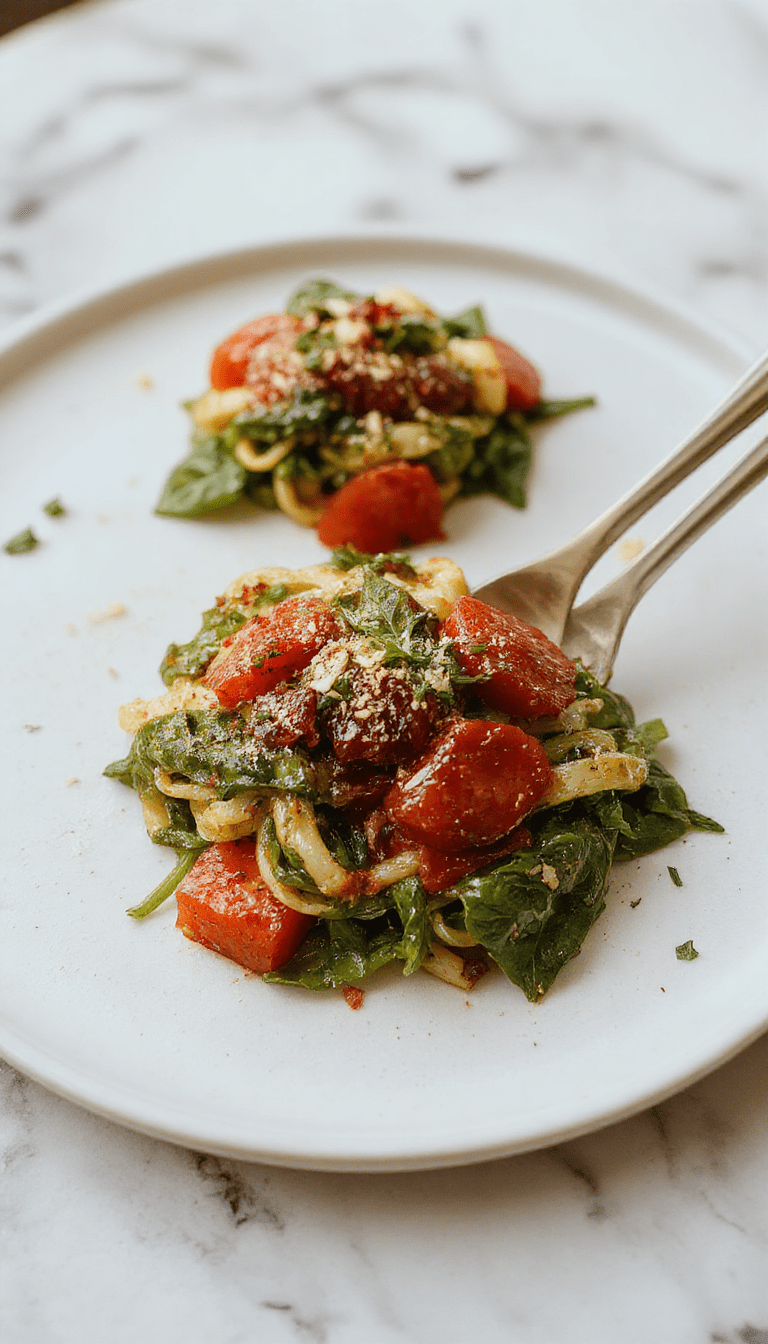 A vibrant plate of spinach tomato pasta featuring bright green spinach leaves and juicy red cherry tomatoes mixed with al dente spaghetti, topped with grated Parmesan cheese, drizzled with olive oil, and garnished with fresh basil leaves on a rustic white plate.