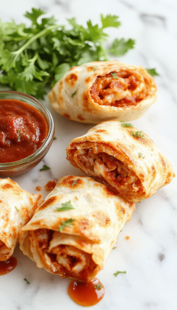 Colorful tortilla pizza rolls arranged on a white plate with melted cheese, vibrant tomato sauce, and crispy golden edges, garnished with fresh herbs and presented in a playful, inviting style.
