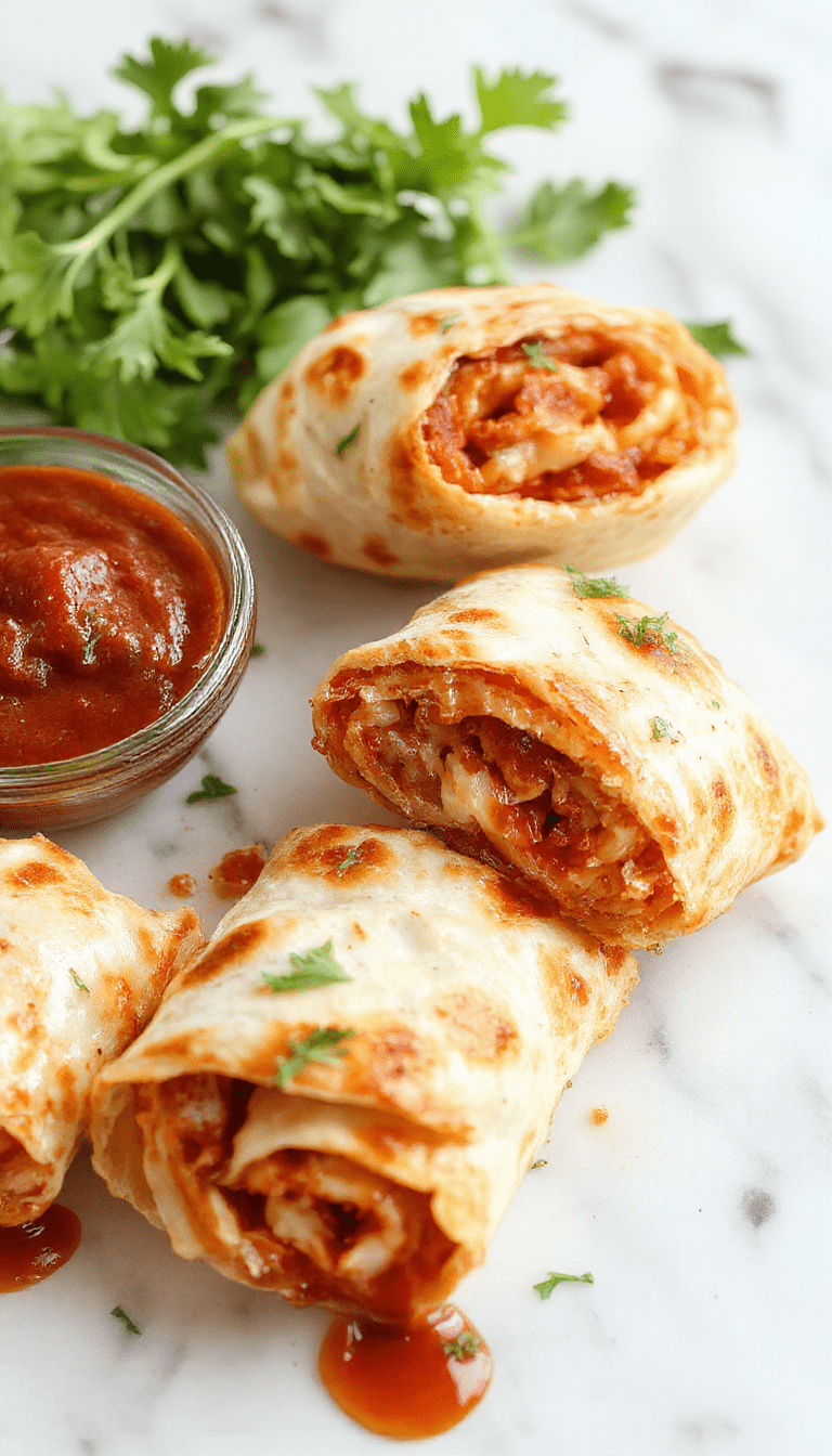 Colorful tortilla pizza rolls arranged on a white plate with melted cheese, vibrant tomato sauce, and crispy golden edges, garnished with fresh herbs and presented in a playful, inviting style.