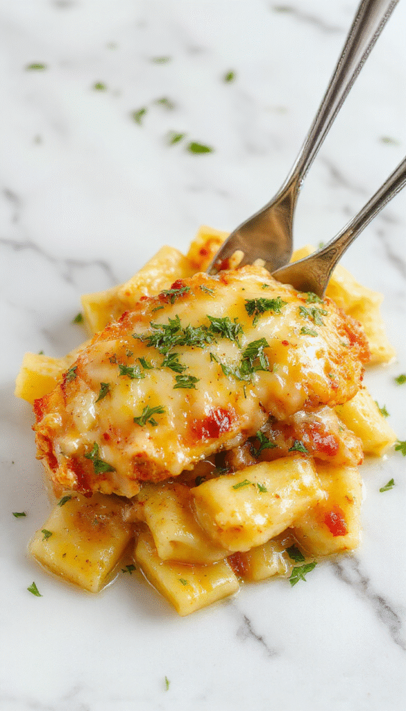 Colorful plate featuring golden-brown garlic butter chicken bites arranged atop a bed of creamy, smoothly sauced pasta garnished with fresh herbs, served on a white ceramic plate with a rustic wooden background, showcasing textures of tender chicken, silky pasta, and aromatic herbs.