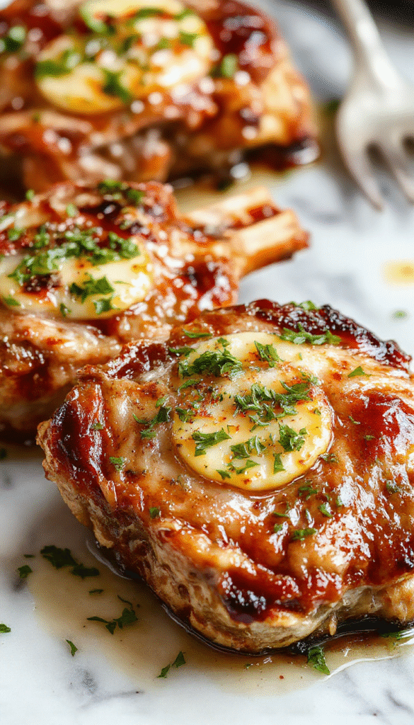 Golden-brown garlic butter pan seared pork chops arranged on a white plate, garnished with fresh parsley, with a crispy crust and juicy interior visible, steam rising slightly, set against a rustic wooden background with garlic cloves and herbs nearby.