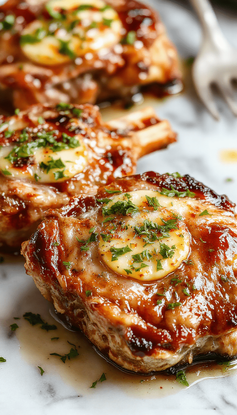 Golden-brown garlic butter pan seared pork chops arranged on a white plate, garnished with fresh parsley, with a crispy crust and juicy interior visible, steam rising slightly, set against a rustic wooden background with garlic cloves and herbs nearby.