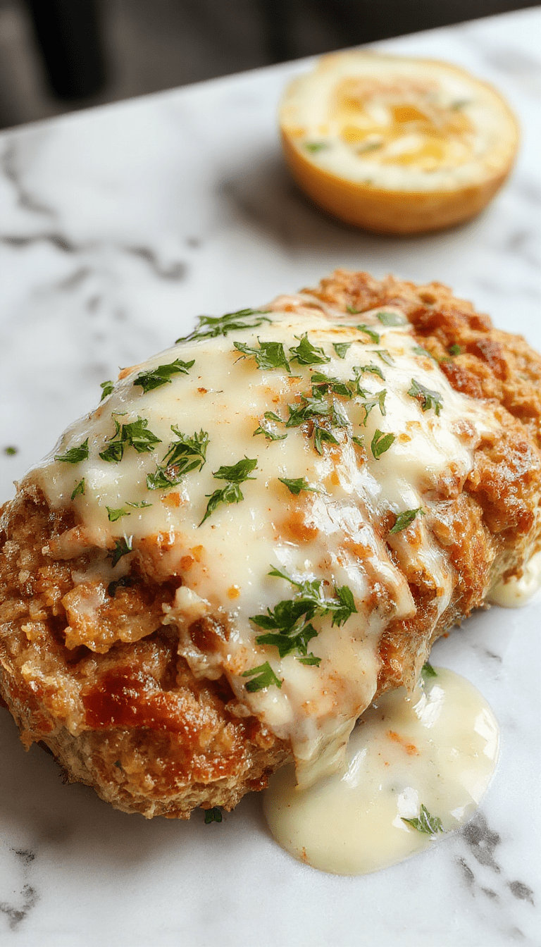 A golden-brown chicken meatloaf sliced to reveal a moist interior, topped with melted Parmesan and fragrant garlic, garnished with fresh herbs on a rustic plate.
