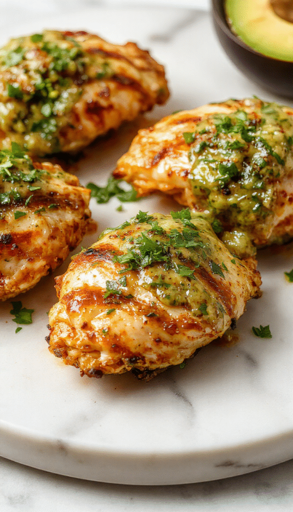 Colorful grilled chicken breast topped with vibrant green salsa verde and melted pepper jack cheese, served on a rustic plate with fresh herbs and garnished with lime wedges, showcasing a juicy, smoky texture with a crispy char on the edges.