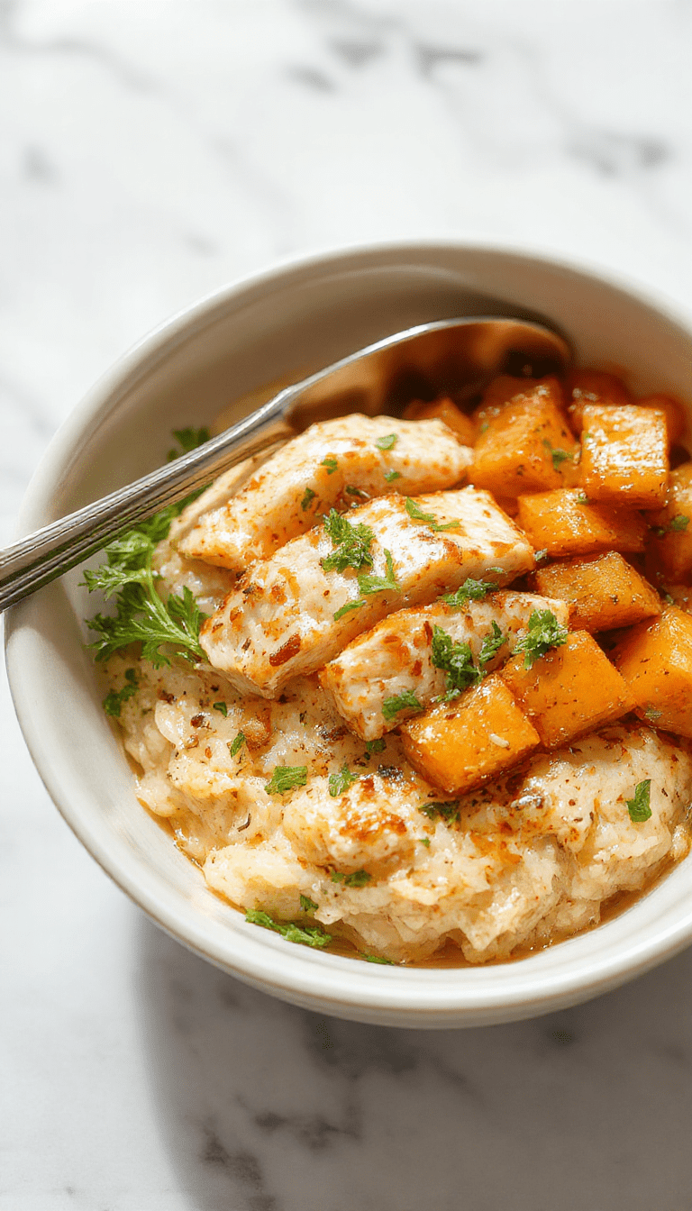 Colorful rice bowl featuring tender grilled chicken slices, roasted sweet potatoes, fresh green spinach, red bell peppers, and grains all arranged artfully on a white plate, with vibrant ingredients and a rustic wooden background, styled with fresh herbs and a drizzle of sauce.