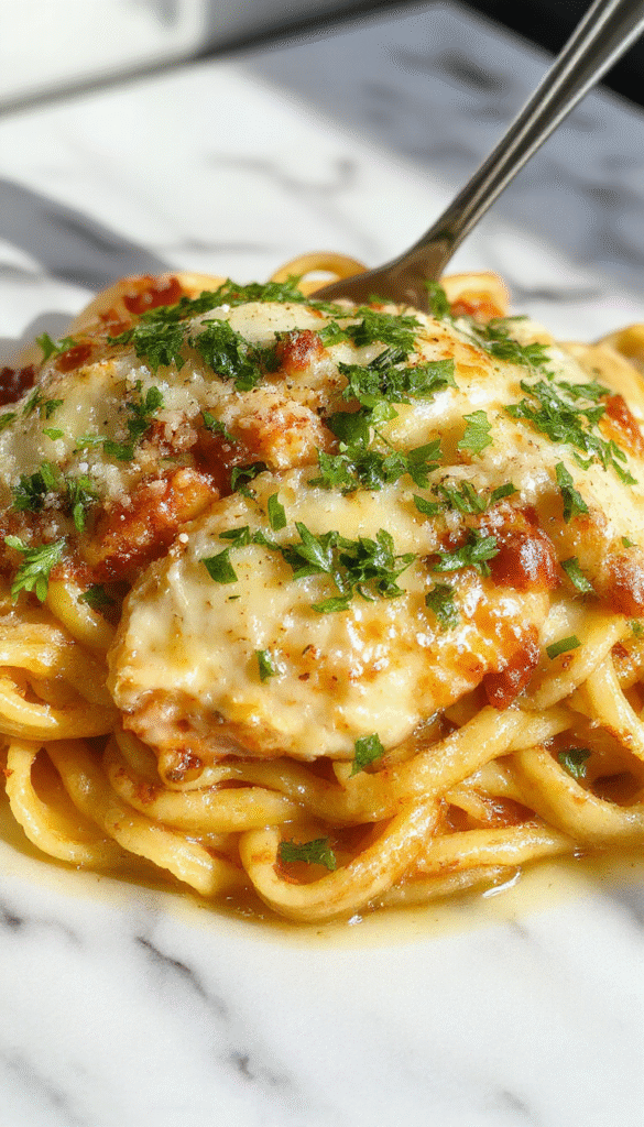 Brightly colored plate showcasing creamy garlic parmesan chicken pasta topped with fresh parsley and grated parmesan cheese, with tender chicken pieces nestled among al dente pasta, garnished with chopped herbs, on a rustic wooden table