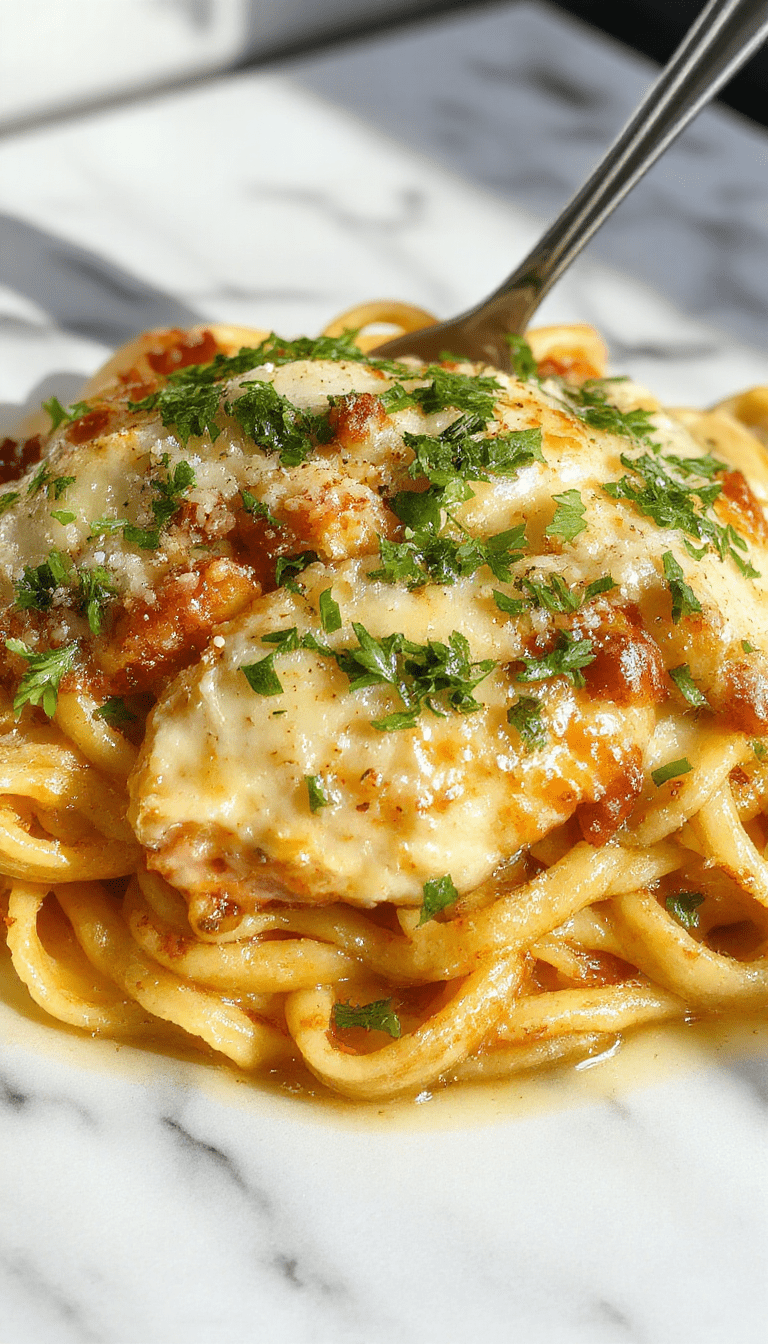 Brightly colored plate showcasing creamy garlic parmesan chicken pasta topped with fresh parsley and grated parmesan cheese, with tender chicken pieces nestled among al dente pasta, garnished with chopped herbs, on a rustic wooden table