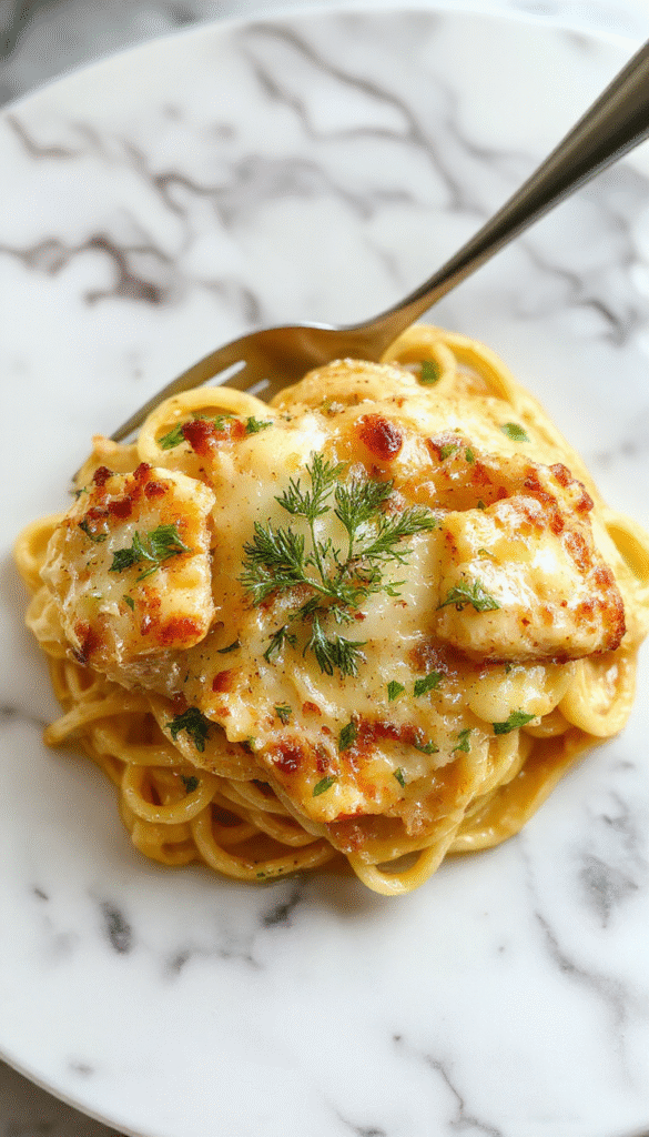 A vibrant plate of creamy garlic parmesan chicken pasta featuring tender grilled chicken slices atop al dente spaghetti, garnished with fresh parsley and sprinkled with grated Parmesan cheese, all presented on a rustic white plate with a colorful backdrop of fresh herbs and cherry tomatoes.