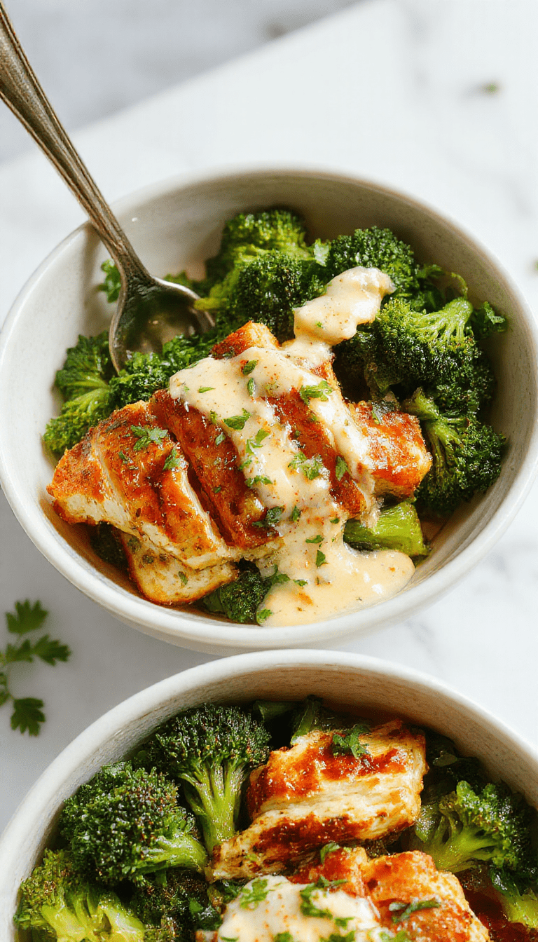 A colorful bowl featuring slices of grilled chicken, bright green broccoli florets, and a drizzle of creamy garlic sauce on top, styled on a rustic wooden surface with fresh herbs and lemon wedges for garnish.