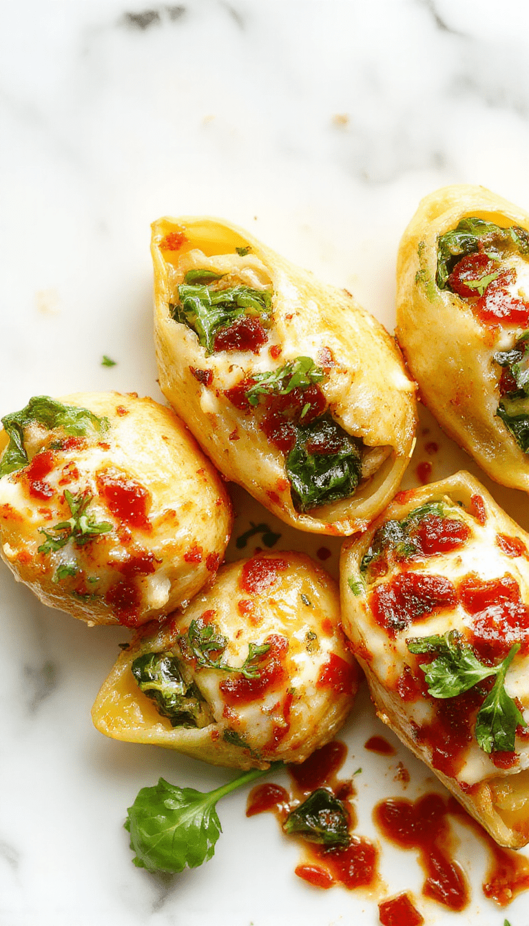 A vibrant plate of stuffed pasta shells filled with creamy ricotta and fresh spinach, topped with melted cheese and garnished with basil, served on a white dish with a rustic wooden background, showcasing rich textures and colorful ingredients.