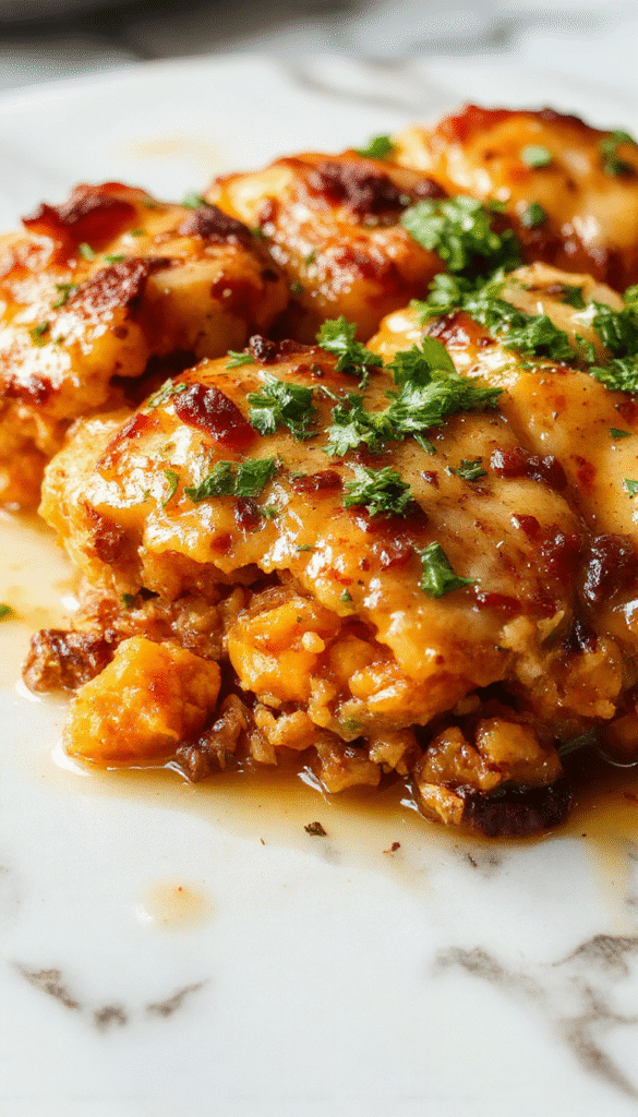 Colorful sweet potato and ground turkey bake served in a rustic ceramic dish. The dish features golden roasted sweet potatoes topped with finely ground turkey and melted cheese, garnished with fresh herbs. The vibrant orange sweet potatoes contrast beautifully with the browned turkey and green herbs, creating a warm and inviting presentation with a textured finish.