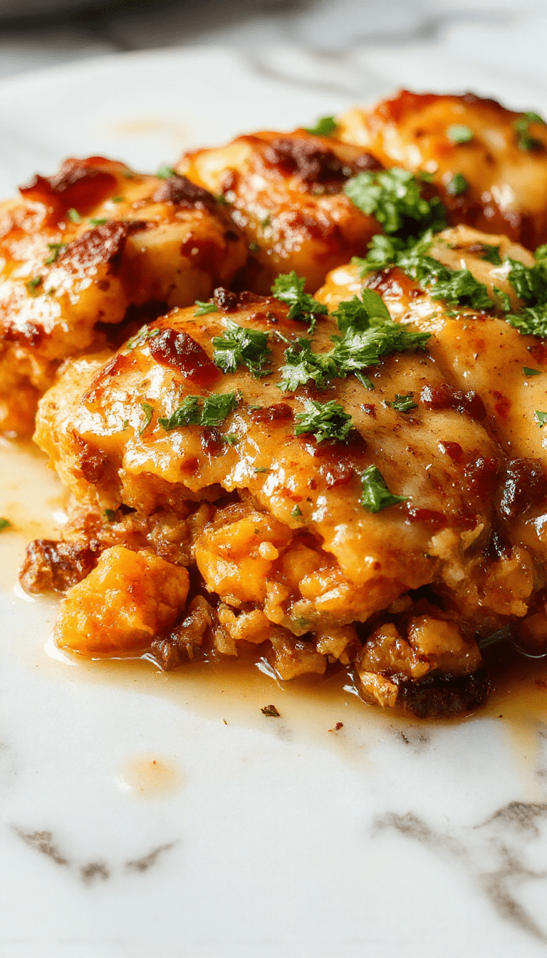 Colorful sweet potato and ground turkey bake served in a rustic ceramic dish. The dish features golden roasted sweet potatoes topped with finely ground turkey and melted cheese, garnished with fresh herbs. The vibrant orange sweet potatoes contrast beautifully with the browned turkey and green herbs, creating a warm and inviting presentation with a textured finish.