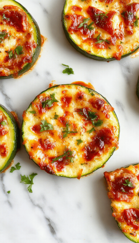 Colorful zucchini slices layered with melted cheese, fresh tomatoes, and herbs in a golden-brown casserole dish, garnished with basil leaves, styled on a rustic wooden table