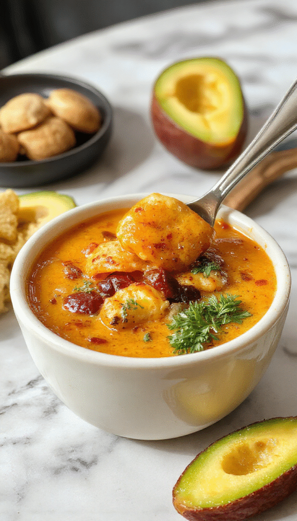 A vibrant bowl of Chile Relleno Soup featuring a rich red broth topped with melted cheese, sliced roasted peppers, and fresh cilantro, served in a rustic white bowl with a spoon on a wooden table.