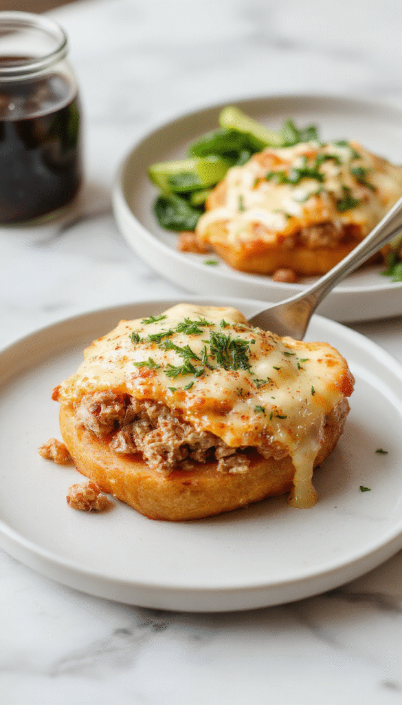 A colorful baked dish featuring golden roasted sweet potato cubes topped with seasoned ground turkey and melted cheese, garnished with fresh herbs on a rustic white plate, with vibrant vegetables in the background and natural light highlighting the textures and warm tones.