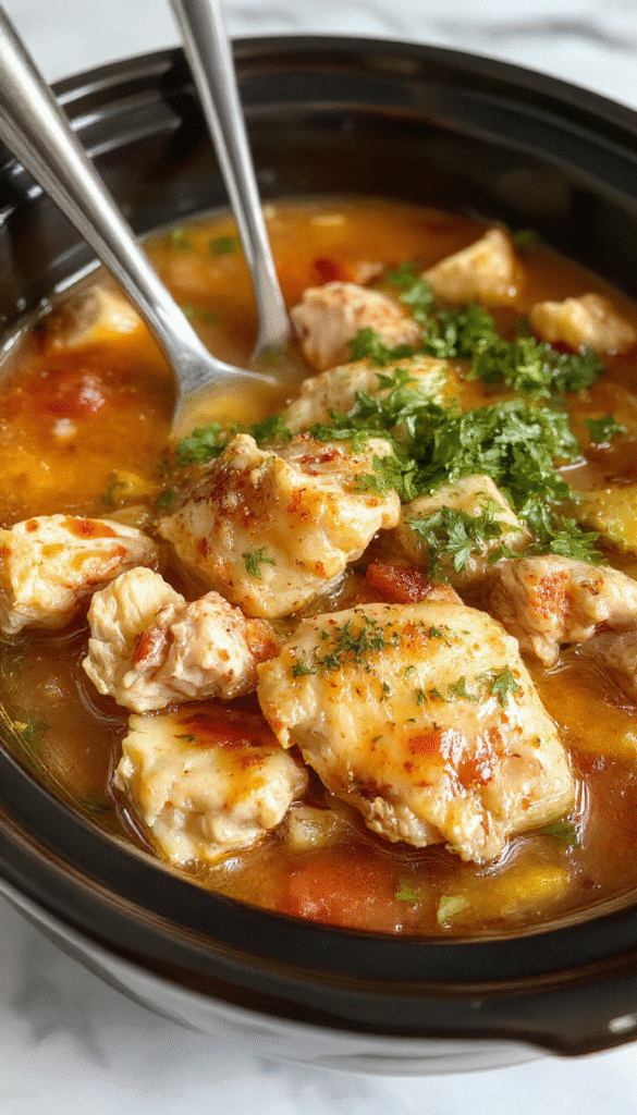 A steaming bowl of hearty chicken stew with tender shredded chicken, vibrant carrots, potatoes, and herbs garnished with fresh parsley, served in a rustic white bowl on a wooden surface with a warm, cozy atmosphere