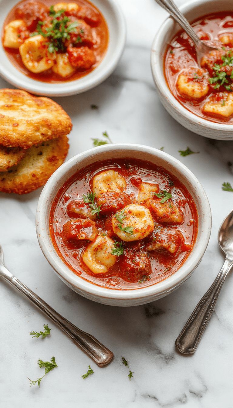 A vibrant bowl of tomato tortellini soup featuring plump tortellini submerged in a rich, red tomato broth, garnished with fresh basil leaves, sprinkled Parmesan cheese, and a drizzle of olive oil. The soup is presented in a white ceramic bowl on a rustic wooden table, with steam gently rising, creating an inviting and warm atmosphere.