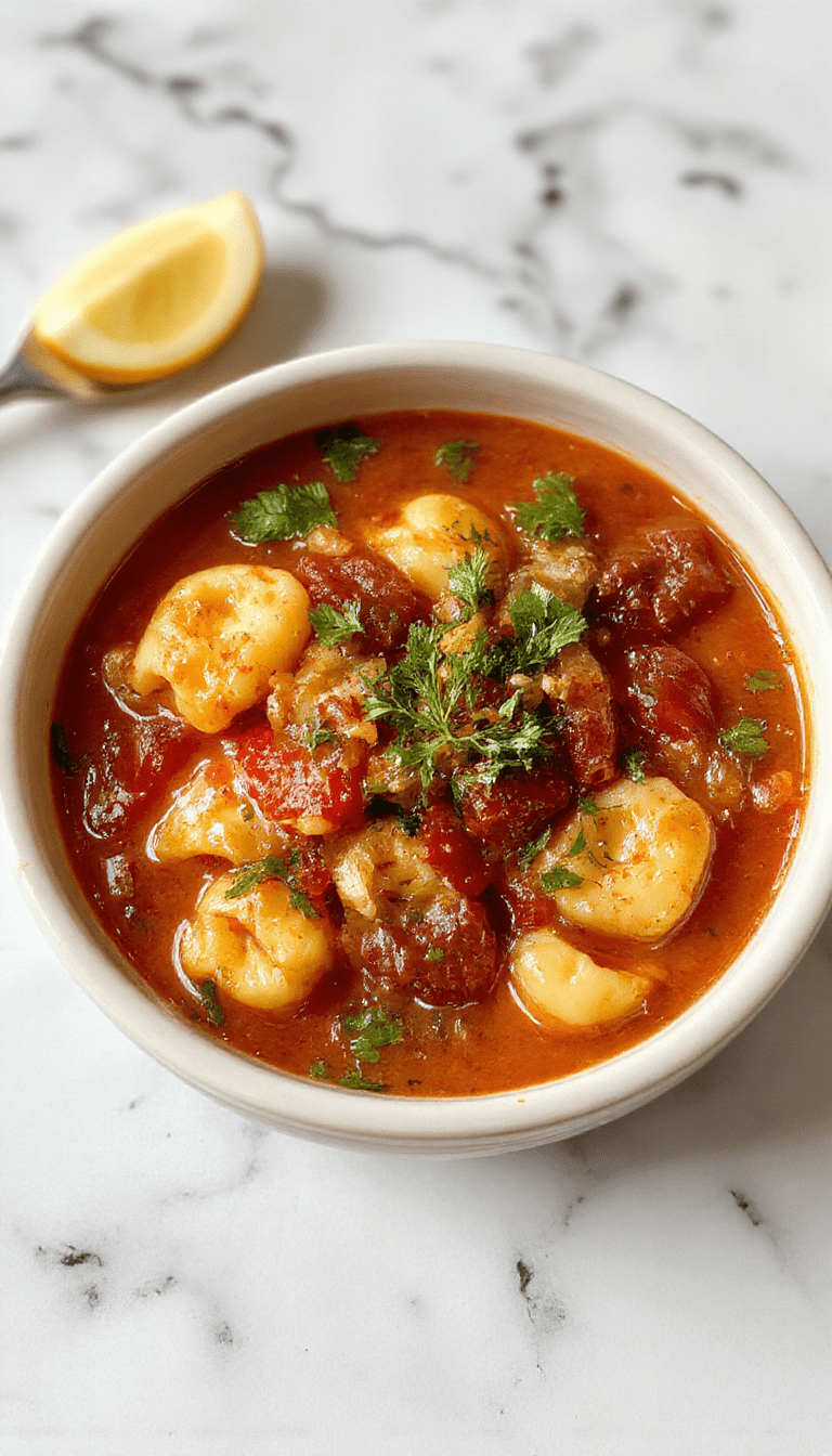 A vibrant bowl of tomato tortellini soup featuring plump tortellini floating in a rich red tomato broth, garnished with fresh basil leaves and a sprinkle of grated cheese, presented on a rustic wooden table with a spoon resting on the side.