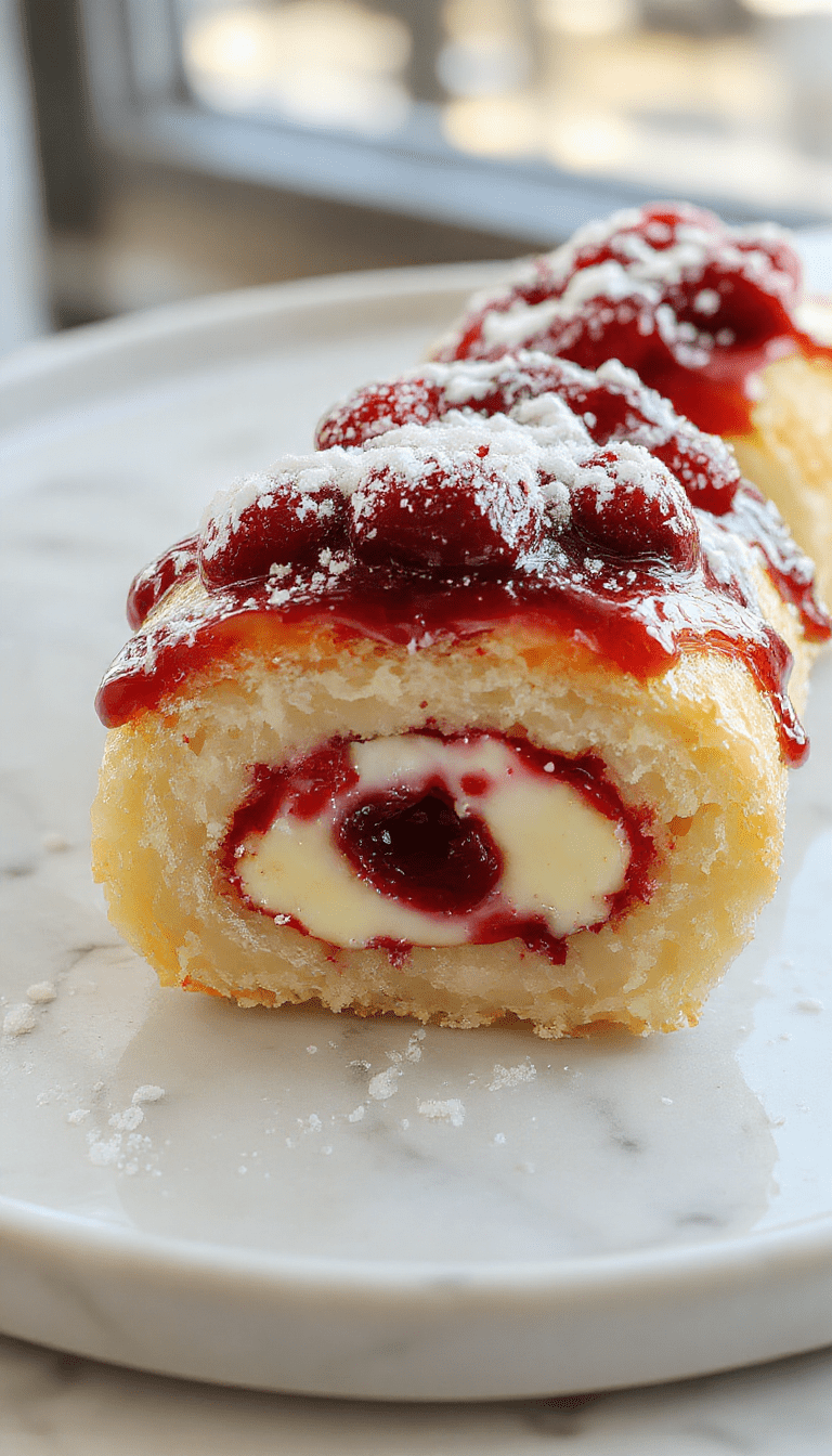 A beautifully plated cherry cheesecake cake roll sliced to reveal a vibrant red cherry filling and creamy cheesecake interior, dusted with powdered sugar, on a rustic white plate with fresh cherries and mint sprigs for garnish, background softly blurred to focus on the dessert's rich textures and appealing colors.
