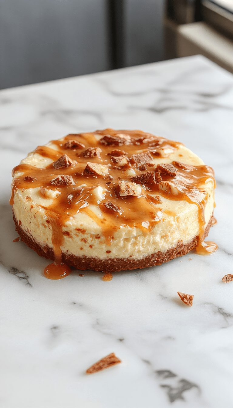 A close-up of a slice of loaded butterscotch cheesecake on a rustic white plate, topped with luscious butterscotch sauce, crumbled cookies, and whipped cream. The golden-brown crust is visible beneath the creamy filling, garnished with caramel drizzle and chocolate shavings, all styled elegantly with a fork on the side against a soft pastel background.