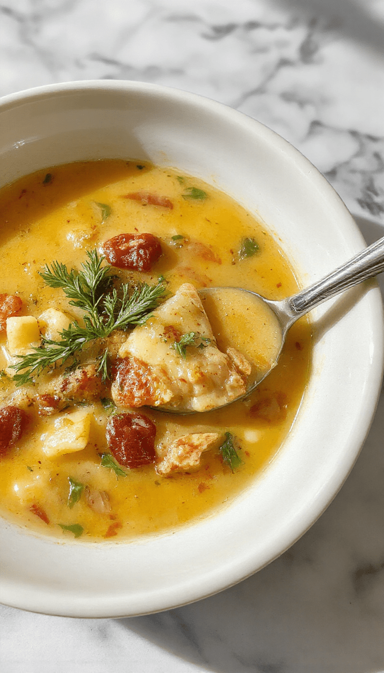 A vibrant bowl of Italian Penicillin Soup features a rich golden broth with chunks of tender chicken, fresh herbs, and colorful vegetables garnished with a sprinkle of herbs, served on a rustic wooden table with a bread roll on the side.