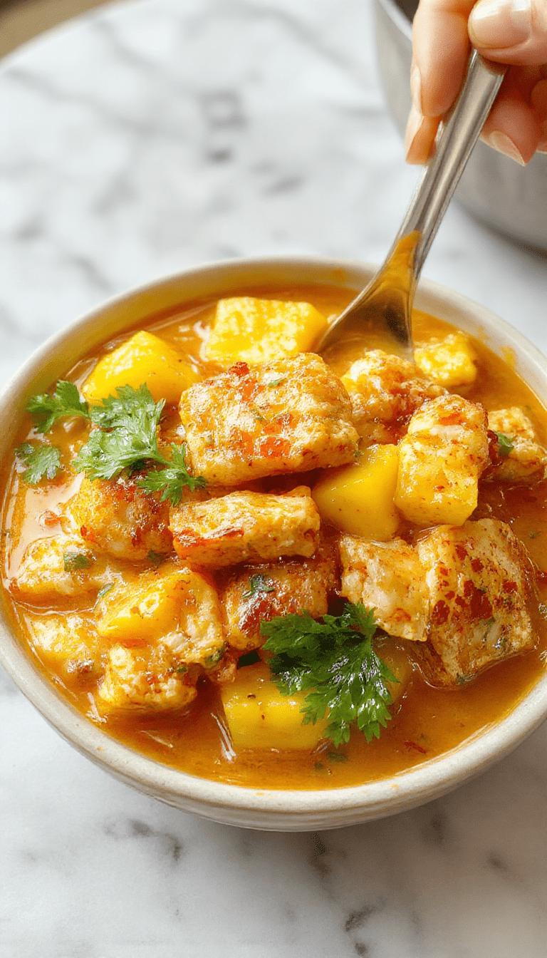 Vibrant mango chicken curry served in a white bowl featuring golden brown chicken pieces coated in a thick, orange-colored curry sauce with visible chunks of ripe mango and garnished with fresh cilantro, contrasting against a rustic wooden table background with hints of green herbs and bright citrus accents.