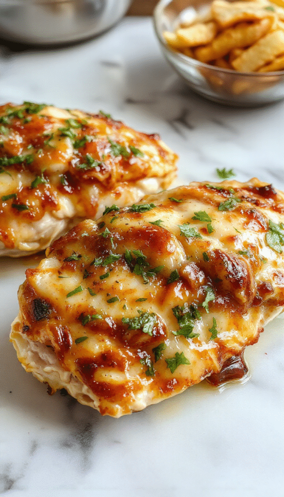 A close-up of perfectly cooked chicken breasts with golden crispy edges, sliced to reveal tender, juicy interior, plated on a rustic wooden board with fresh herbs and lemon slices, steam rising gently highlighting the moist texture and inviting aroma.