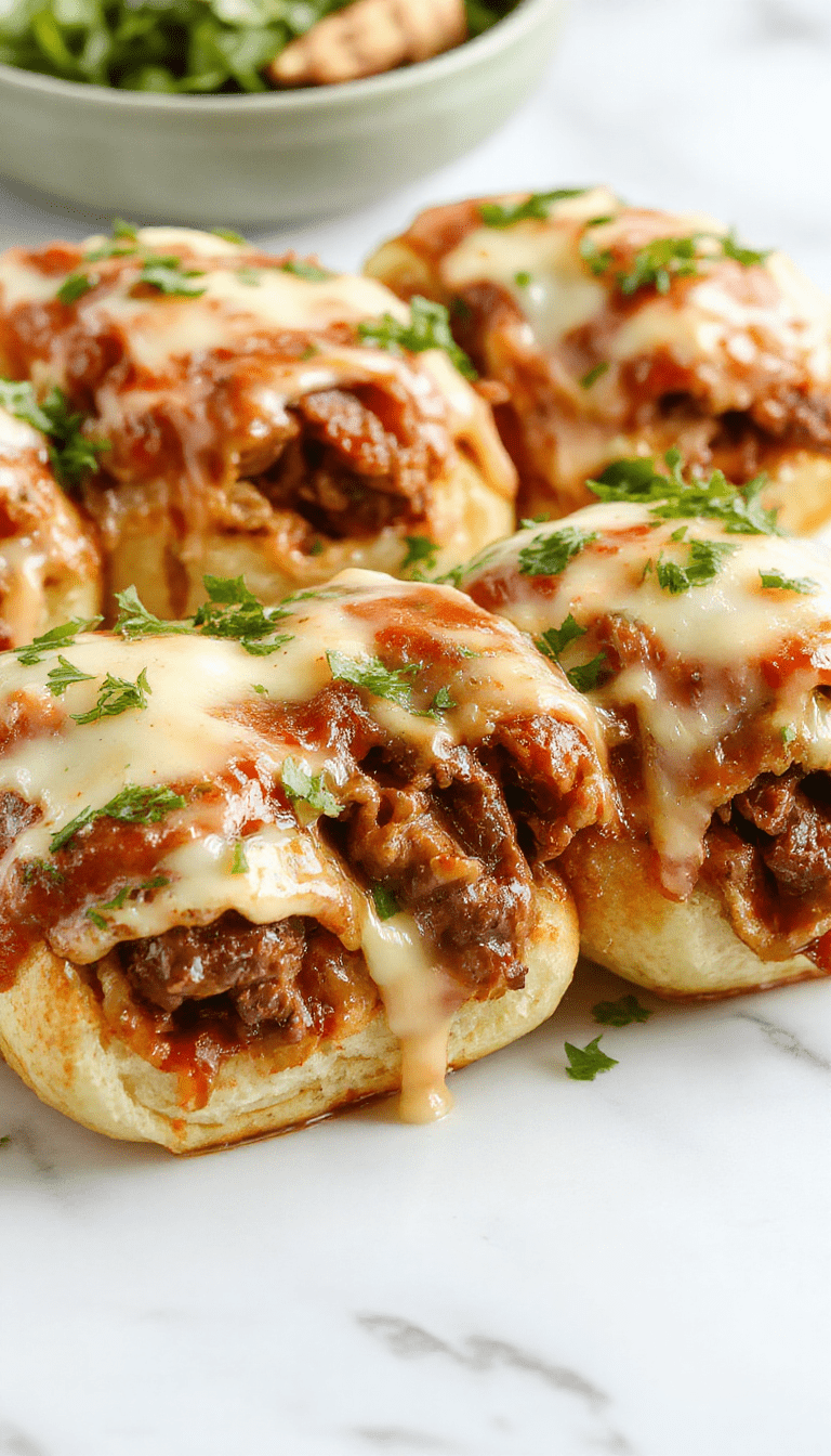 A close-up of golden-brown keto Philly cheesesteak rolls sliced open to reveal melted cheese, thinly sliced beef, and colorful bell peppers inside. The rolls are arranged on a rustic wooden plate, garnished with fresh herbs, with a creamy dipping sauce on the side. The background features a blurred kitchen setting with warm lighting highlighting the textures and vibrant ingredients.