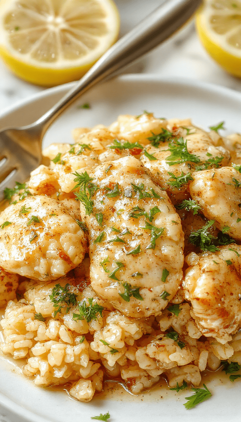 A vibrant plate of tender shredded chicken infused with lemon and herbs sits atop fluffy white rice, garnished with fresh parsley and lemon wedges, with a glossy sauce coating the chicken and rice, styled on a rustic white plate against a light wooden background.
