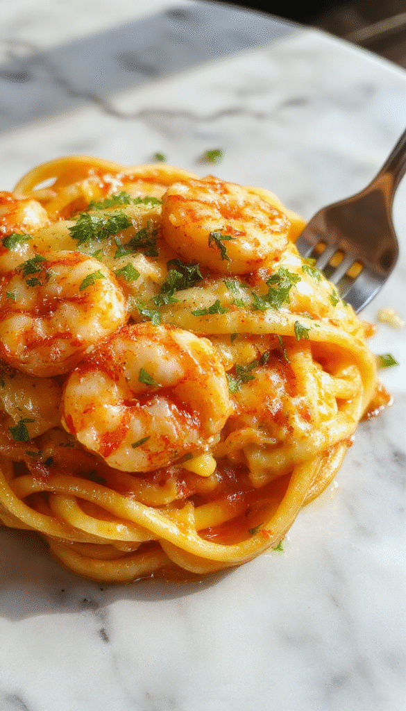 A close-up of a vibrant plate of creamy shrimp pasta garnished with fresh parsley and lemon wedges, showcasing tender shrimp and al dente pasta in a rich, garlicky sauce with a sprinkle of Parmesan cheese, styled on a rustic wooden table with fresh ingredients around