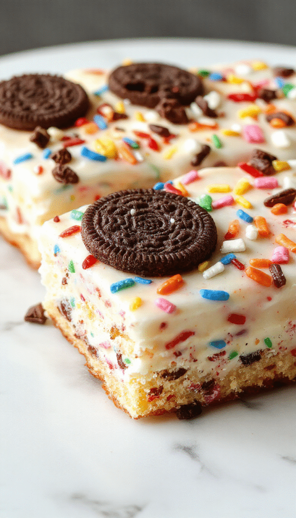 Colorful layered icebox cake featuring vibrant sprinkles and crushed Oreos, topped with whipped cream and more sprinkles, styled on a rustic white plate with a cheerful background