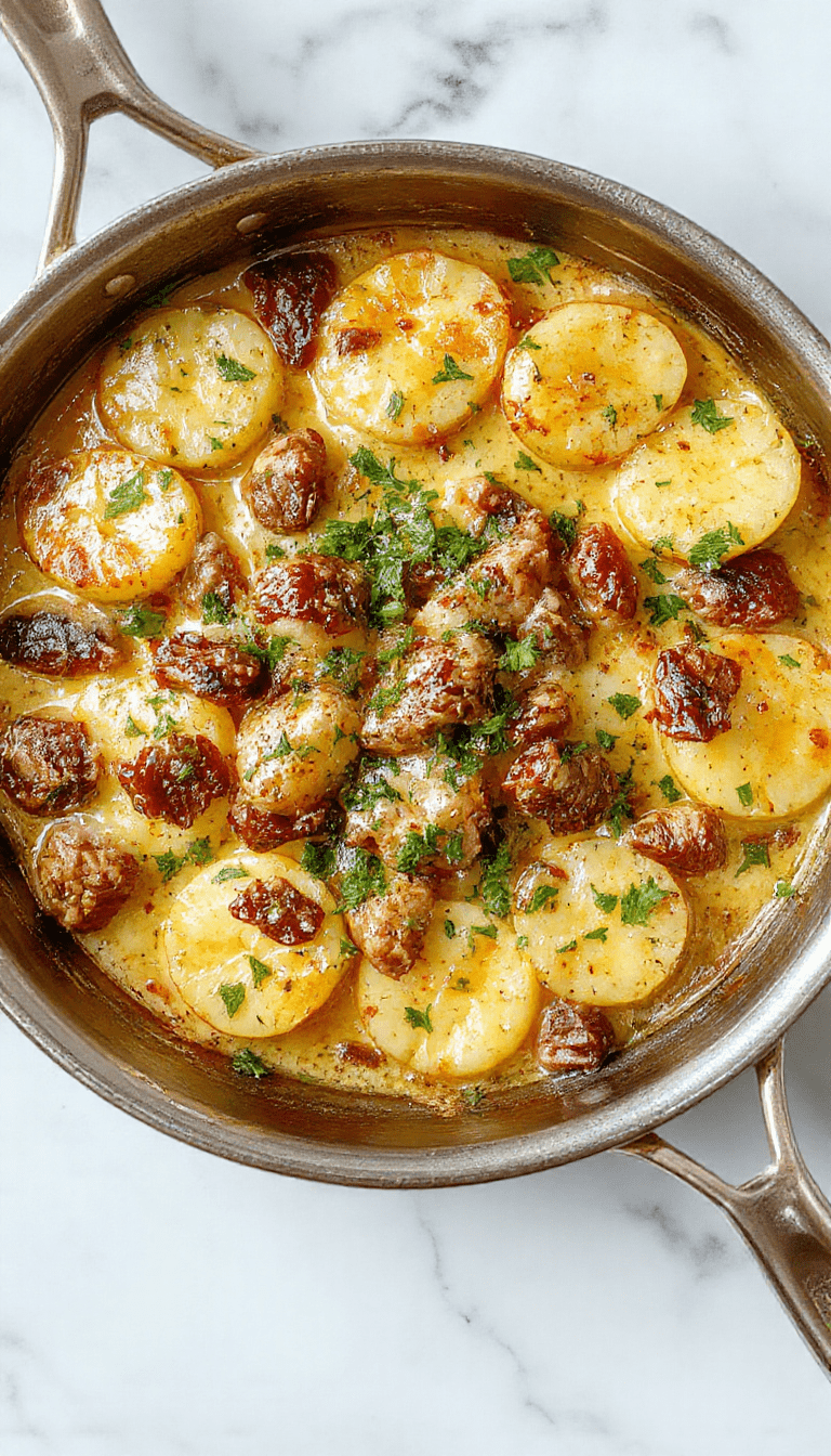 A vibrant, freshly cooked one-pan cheesy meat and potato skillet showing golden-brown potato slices topped with melted cheese and seasoned ground meat, garnished with chopped herbs, served on a rustic wooden table with a sprinkle of fresh herbs for a cozy, inviting feel.