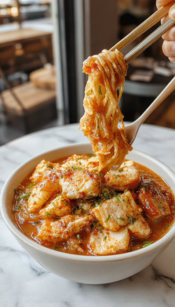 Colorful chicken ramen stir fry served on a white plate, featuring tender chicken pieces, vibrant vegetables like bell peppers and green onions, coated in glossy sauce, with soft noodles and sesame seeds sprinkled on top, styled casually on a rustic wooden table with chopsticks nearby.