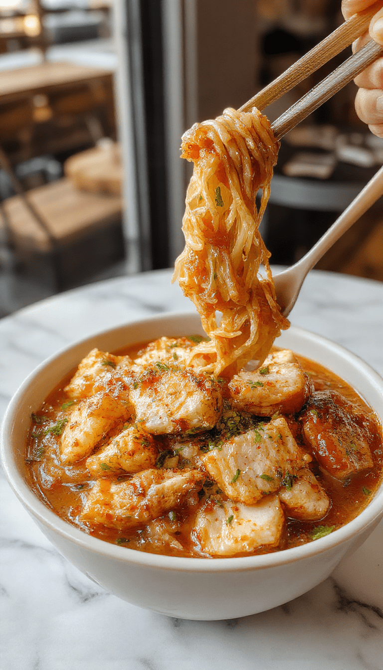 Colorful chicken ramen stir fry served on a white plate, featuring tender chicken pieces, vibrant vegetables like bell peppers and green onions, coated in glossy sauce, with soft noodles and sesame seeds sprinkled on top, styled casually on a rustic wooden table with chopsticks nearby.