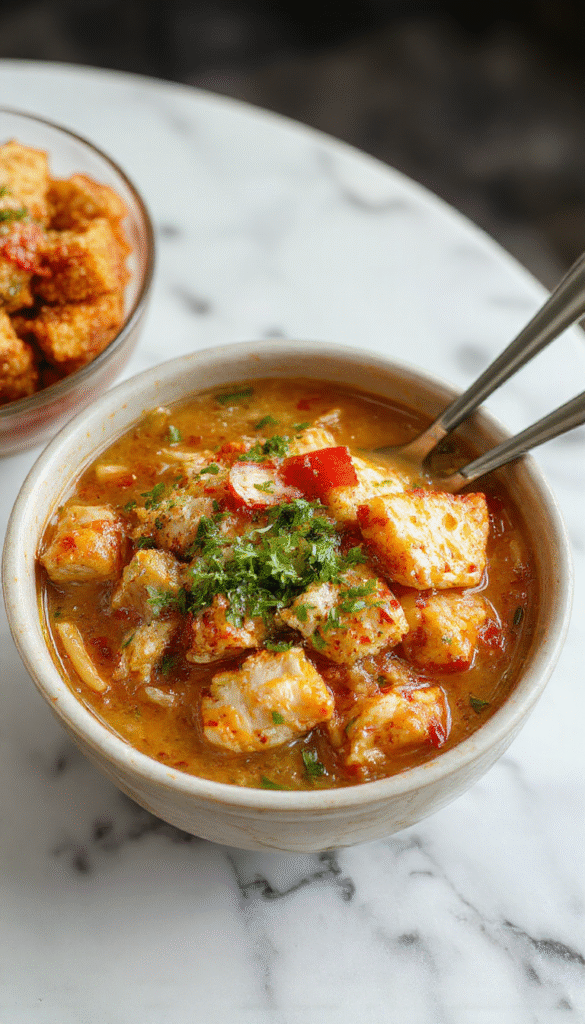 Colorful chicken ramen stir fry served on a white plate with vibrant vegetables like bell peppers, carrots, and scallions. The dish features tender chicken slices coated in savory sauce, with glossy noodles and fresh herbs, styled for a modern Asian-inspired presentation.
