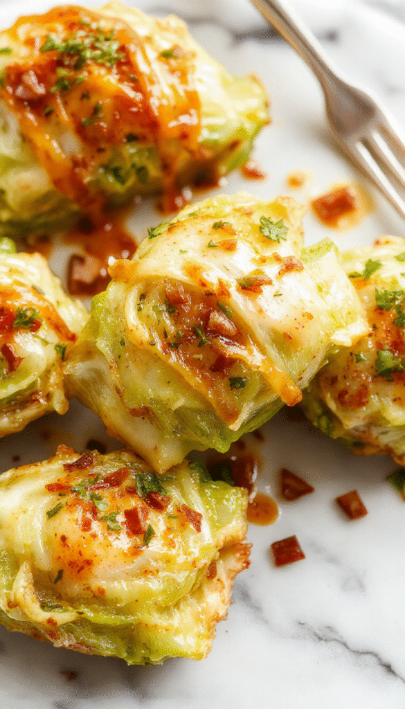 A vibrant plate featuring perfectly rolled cabbage parcels drizzled with a savory orange-hued sauce, garnished with fresh herbs, served on a rustic wooden table with a side of crisp green salad and colorful vegetables, showcasing the textures of tender cabbage and flavorful filling.