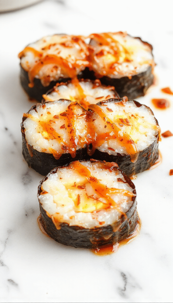 A vibrant sushi bake served in a ramekin, featuring layers of rice topped with colorful slices of cucumber, avocado, and cooked seafood, garnished with sesame seeds and green onions, with a side of soy sauce and wasabi on a clean white plate