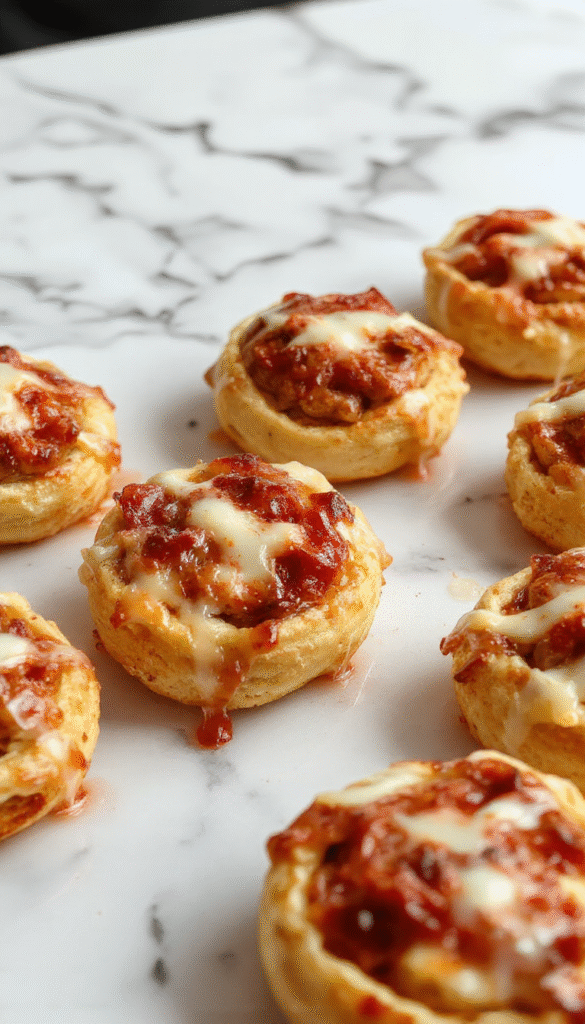 Colorful mini crescent roll pizzas arranged on a white plate, topped with melted cheese, vibrant tomato sauce, and fresh toppings. The crescent roll crusts are golden brown with crispy edges, showcasing a flaky texture. The presentation is inviting, with the pizzas sliced open to reveal gooey cheese and tasty fillings, styled simply on a rustic wooden surface with some fresh herbs as garnish.