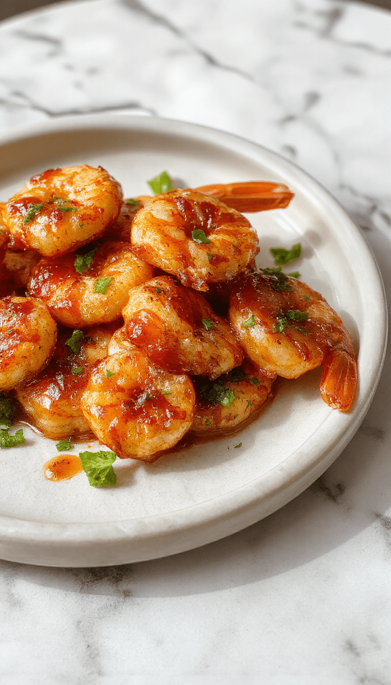 A vibrant plate of honey garlic shrimp showcasing plump, golden-brown shrimp glazed with glossy honey garlic sauce. Garnished with chopped green onions and sesame seeds, served on a white ceramic dish with a blurred rustic wooden background, highlighting the juicy texture and caramelized glaze.