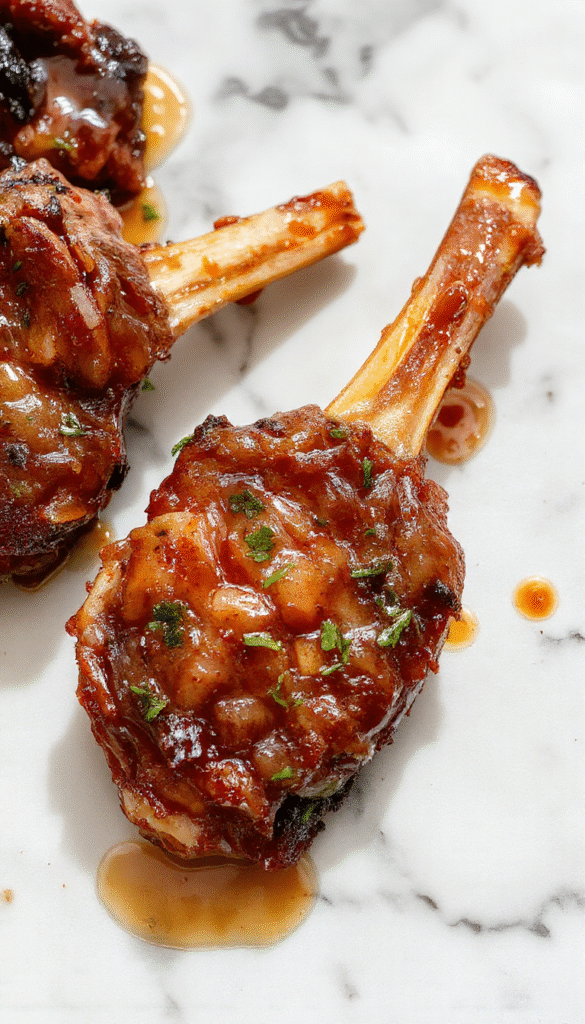 A close-up of glossy brown sugar glazed beef chops plated on a rustic wooden surface, garnished with chopped herbs, with a side of sautéed vegetables. The beef has a caramelized crust with tender, juicy interior, styled simply to highlight the rich color and texture.