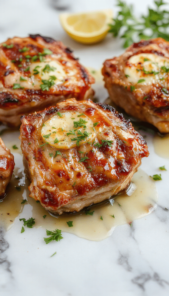Golden-brown pork chops with a glossy garlic butter sauce, served on a rustic wooden plate garnished with chopped parsley, crispy edges, and a seared crust, with fresh lemon wedges and herbs in the background.