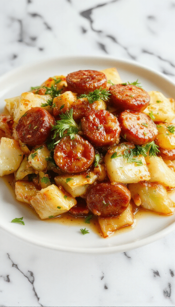Colorful stir fry featuring golden-brown sausage slices and vibrant green cabbage florets in a glossy sauce, served on a rustic white plate with a sprinkle of chili flakes and chopped herbs, styled simply with a wooden table background.