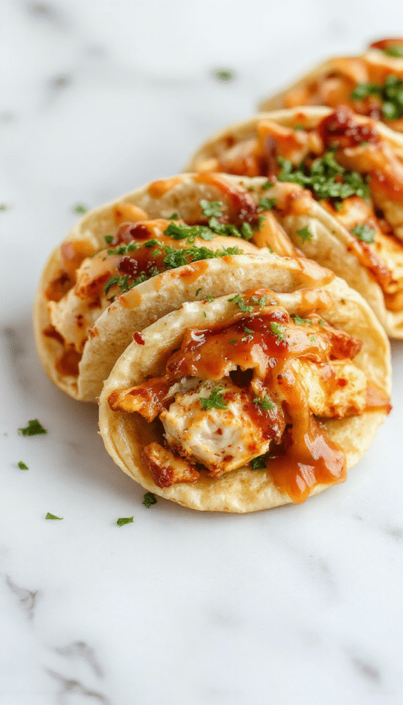 Colorful mini baked chicken tacos on a vibrant plate garnished with fresh cilantro and diced tomatoes, with crispy golden shells contrasting with tender chicken filling, styled with a rustic background and natural lighting.