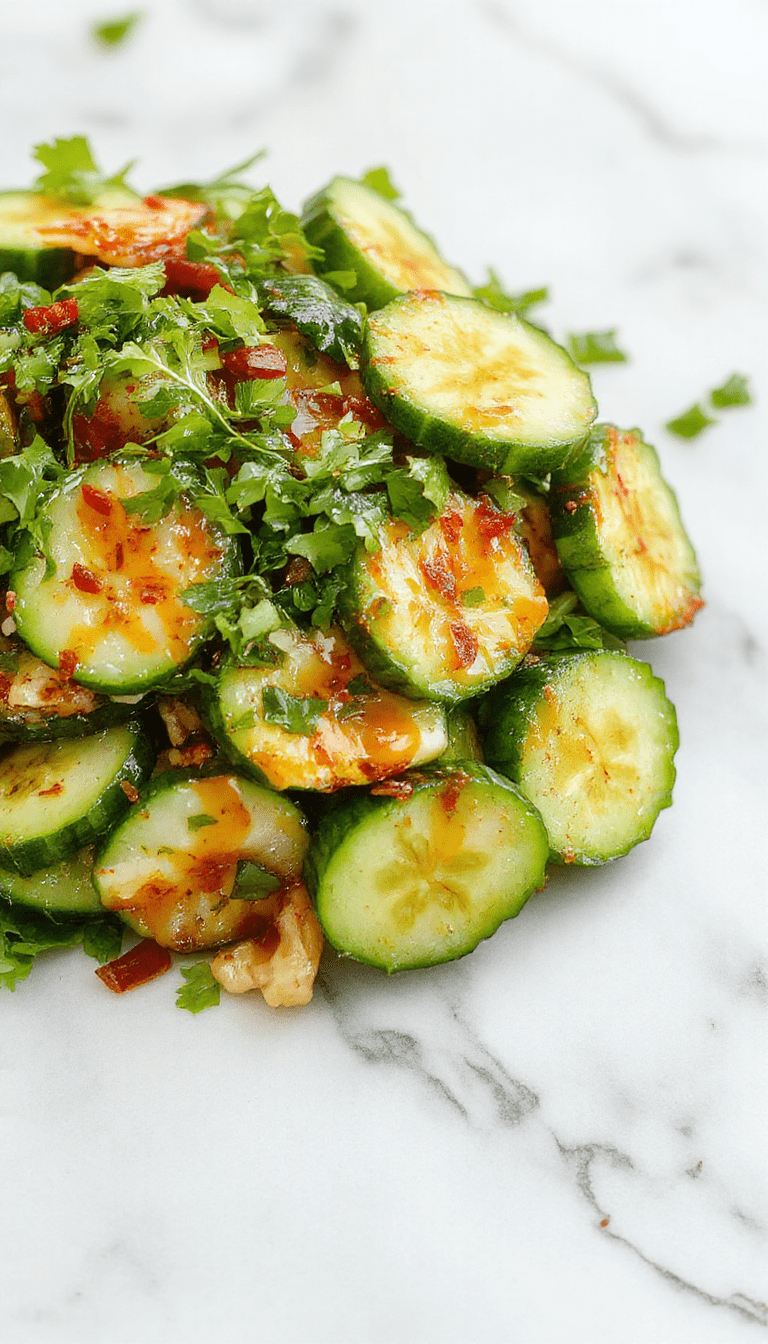 A vibrant Asian cucumber salad served in a clear glass bowl, featuring thinly sliced bright green cucumbers, garnished with sesame seeds and chopped fresh herbs, against a neutral background that emphasizes the crisp textures and fresh ingredients.
