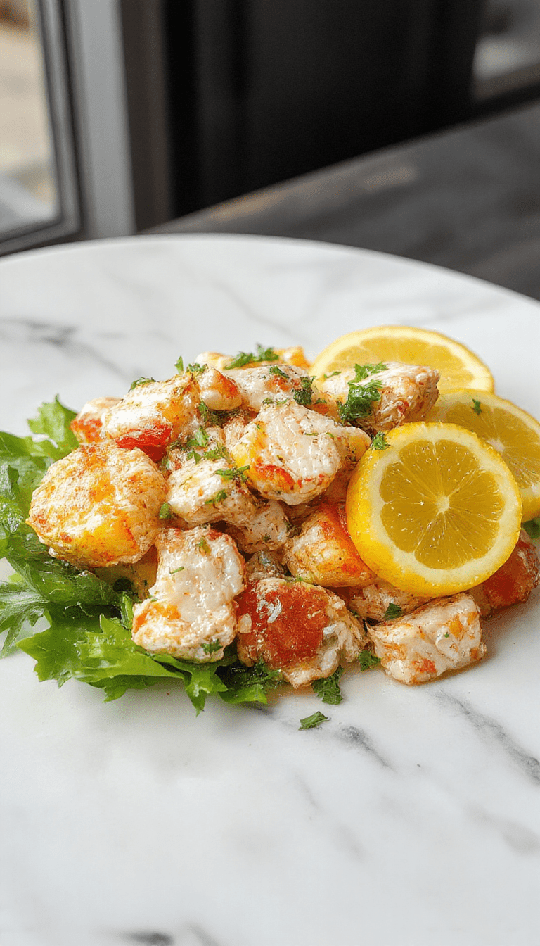 A vibrant crab salad arranged on a white plate featuring succulent crab meat mixed with bright chopped herbs, sliced citrus segments, cherry tomatoes, and leafy greens, garnished with fresh dill and lemon wedges, with a textured wooden background and a drizzle of dressing.