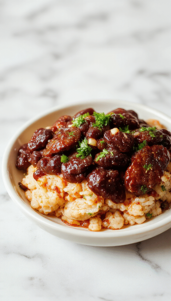 A vibrant plate featuring fluffy white rice topped with smoky sausage slices, creamy black beans, and chopped fresh herbs, garnished with a lime wedge, styled on a rustic wooden table with colorful ingredients in the background